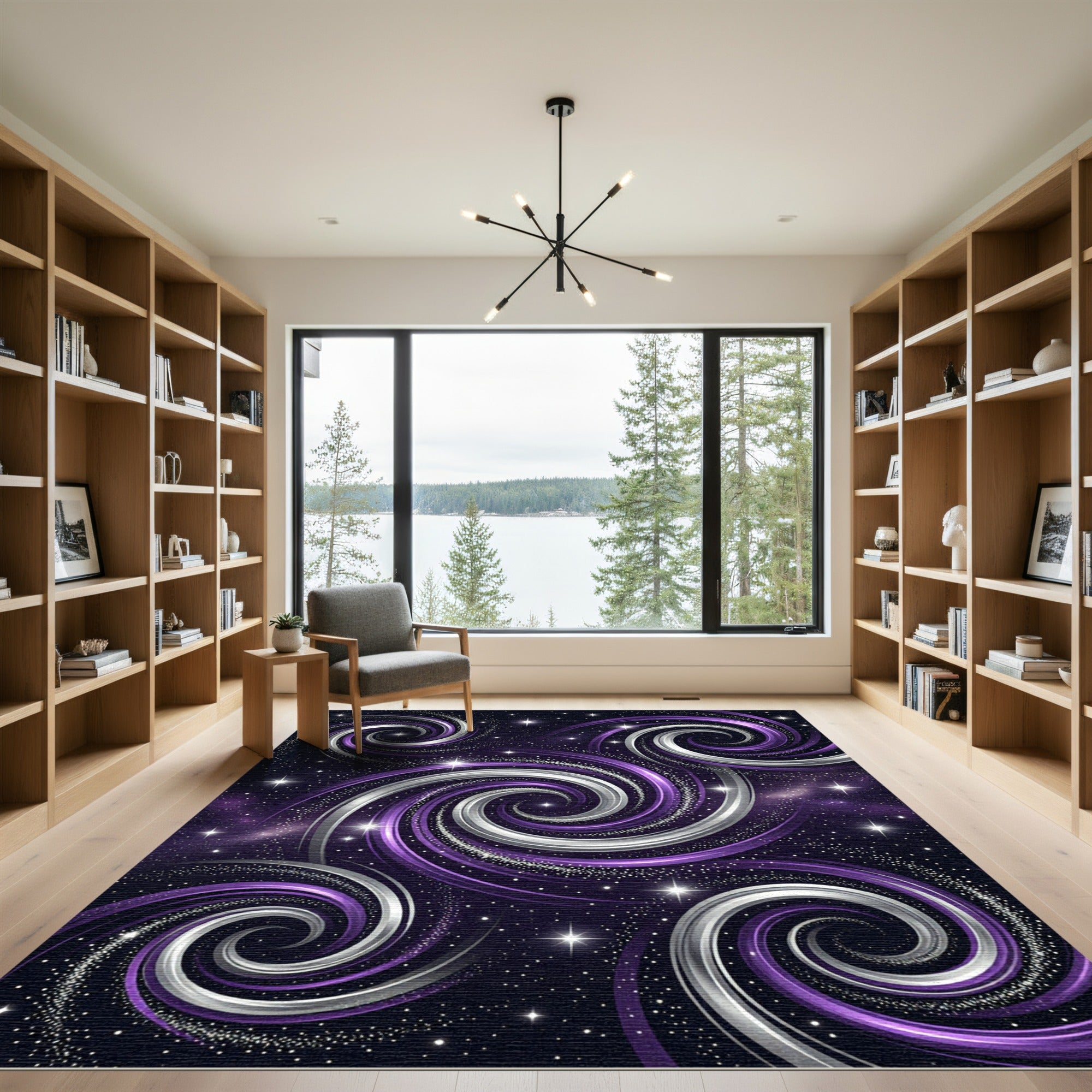 Cosmic Purple Silver Galactic Swirl Rug