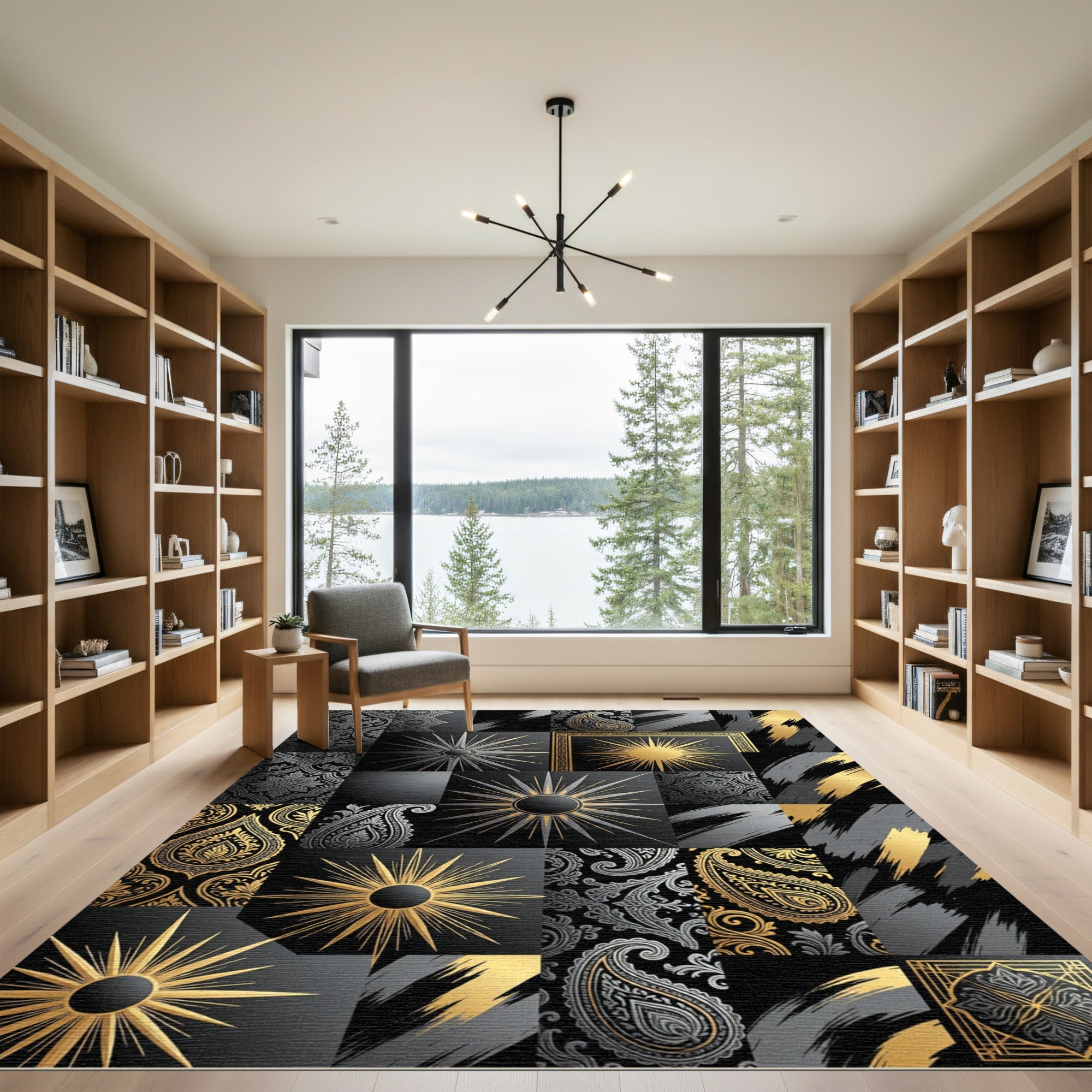 Gold Black Paisley Sunburst Collage Rug