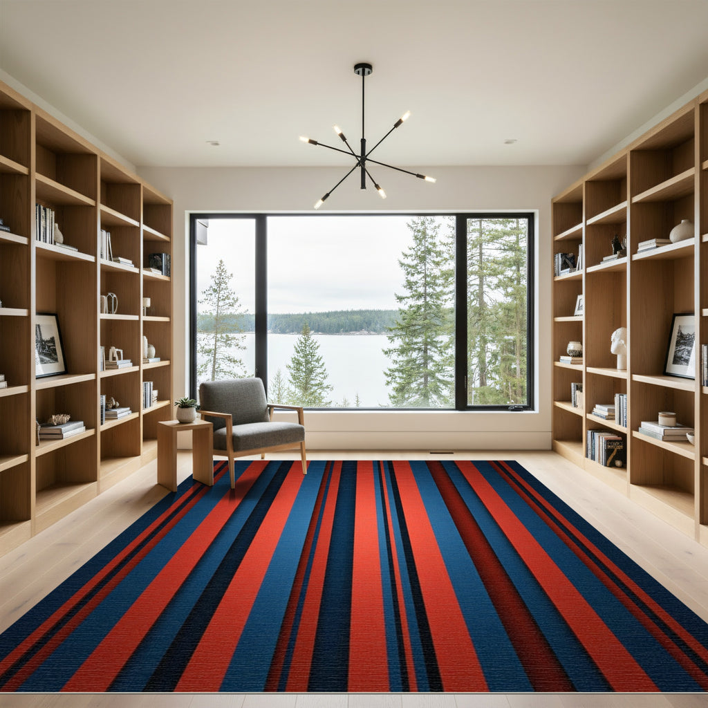 Deep Blue Red Stripe Composition Rug