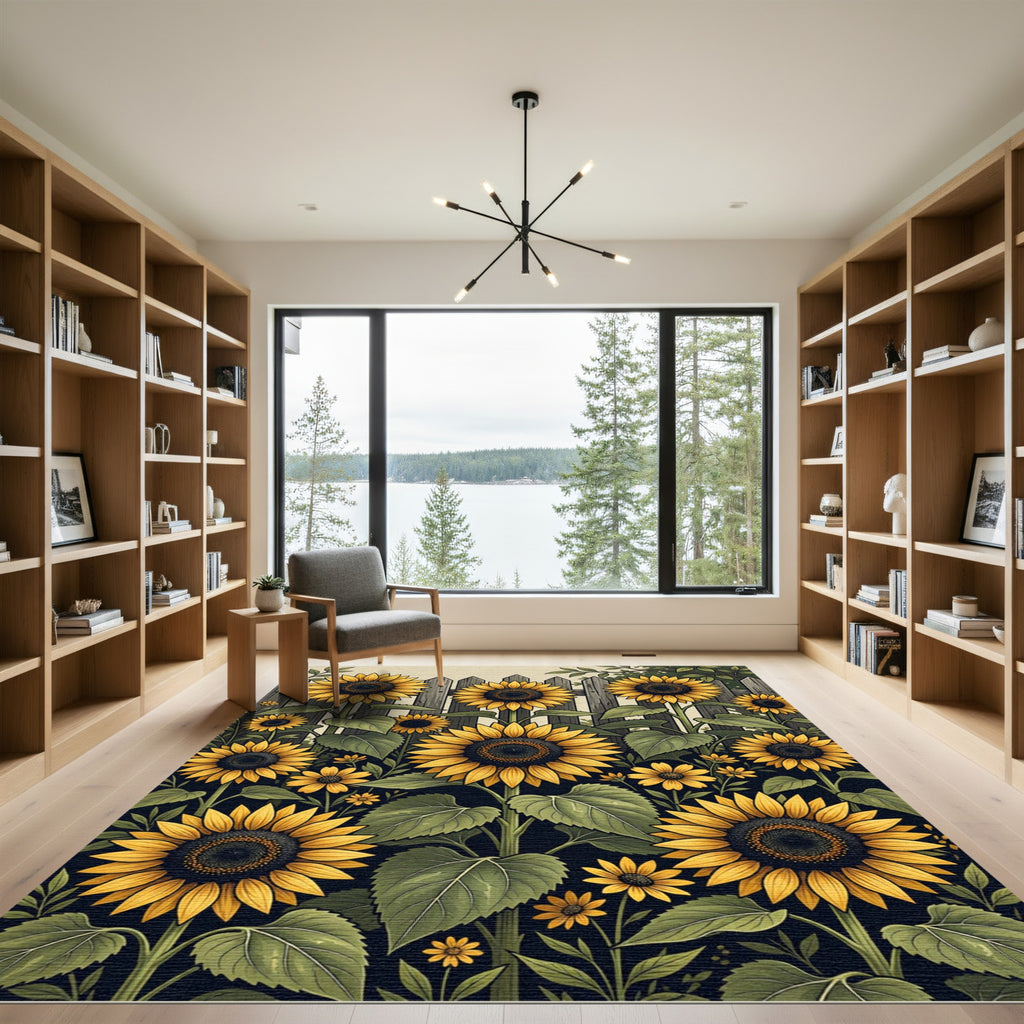 Vibrant Golden Sunflower Garden Illustration Rug