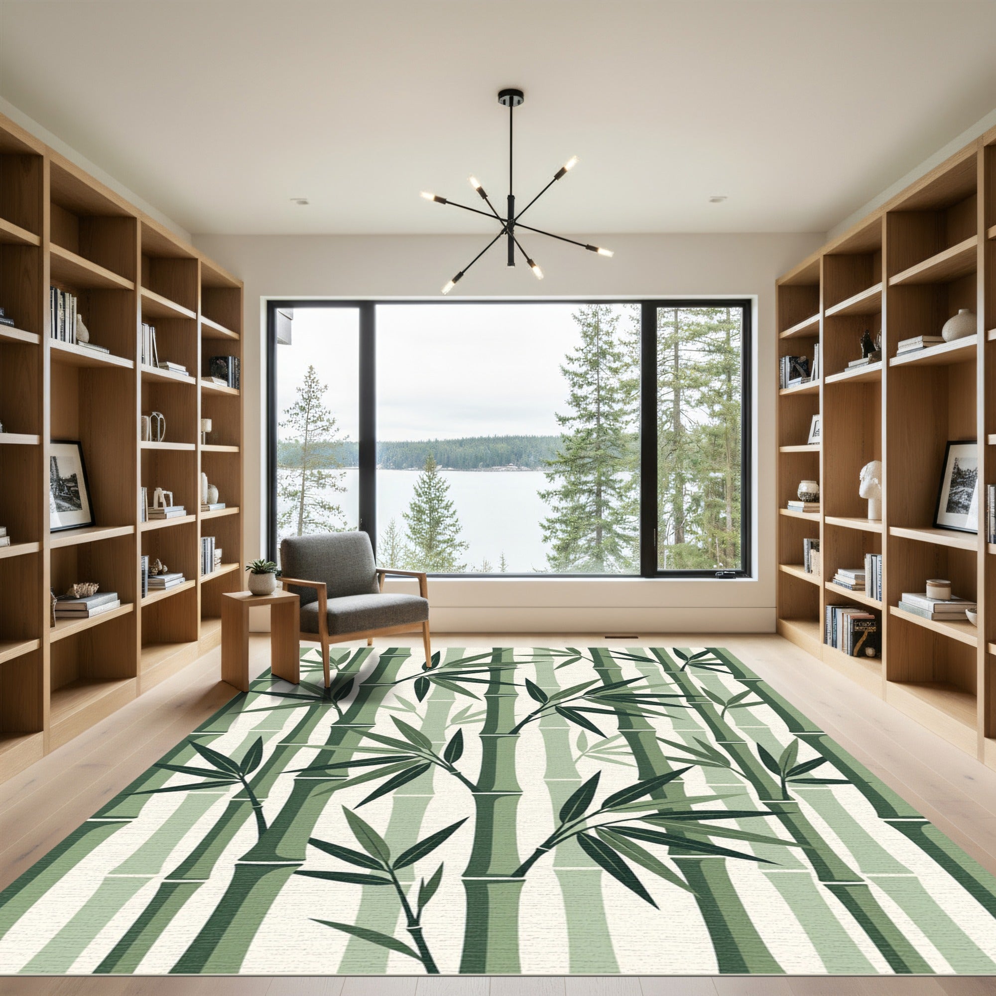 Serene Sage Bamboo Forest Illustration Rug
