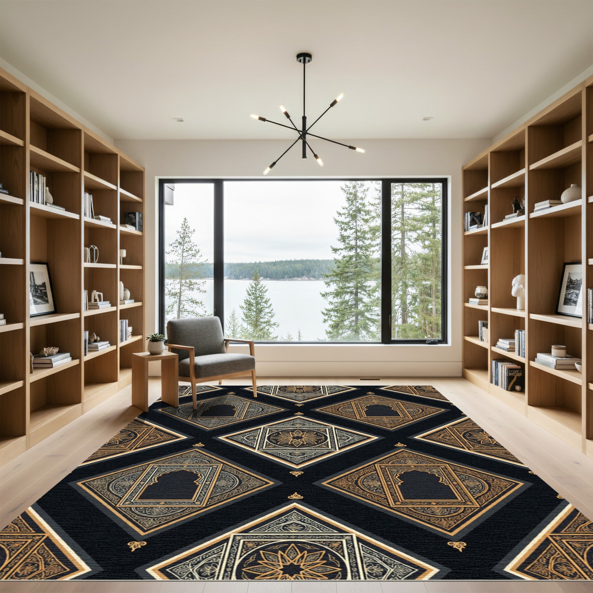 Black Gold Ornate Arch Medallion Diamonds Rug