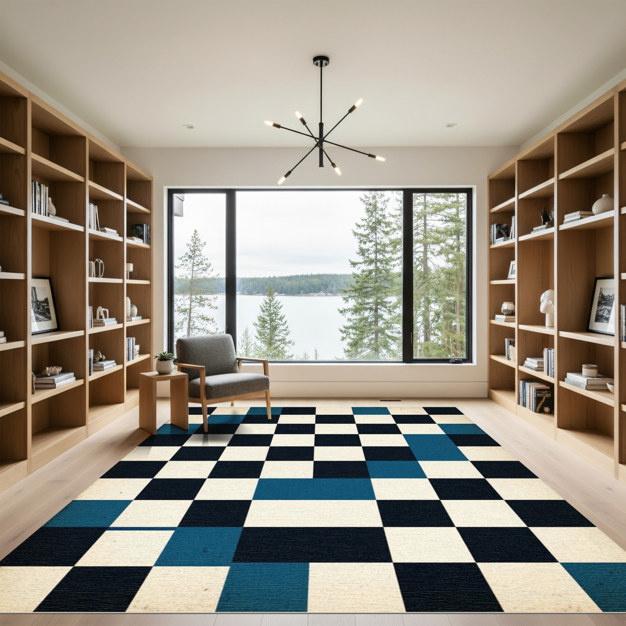 Deep Blue Checkerboard Squares Rug