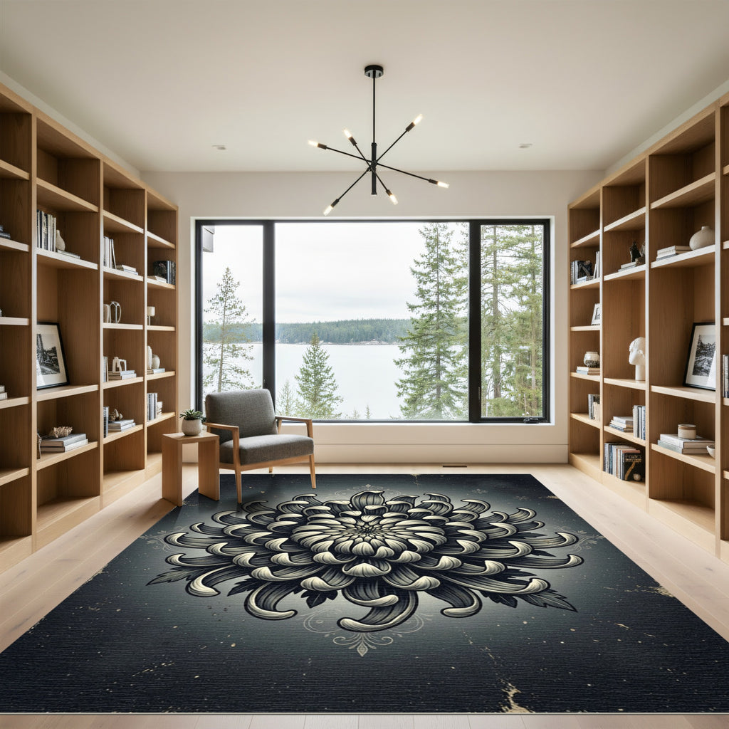Monochromatic Dark Floral Chrysanthemum Illustration Rug