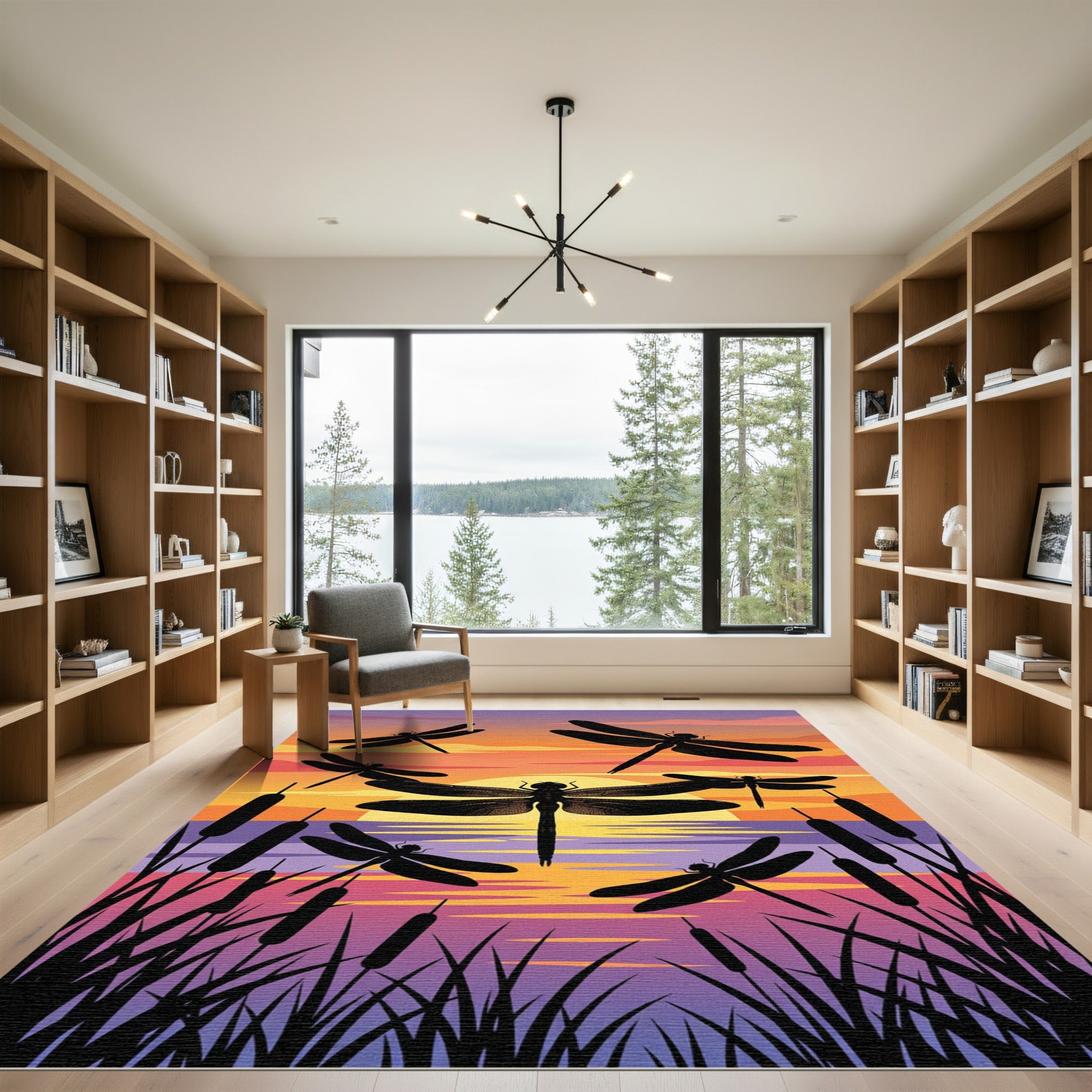 Sunset Dragonfly Pond Landscape Art Rug