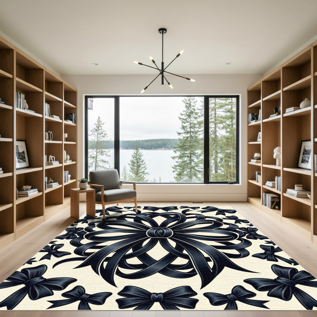 Elegant Black Bow Ribbon Medallion Rug