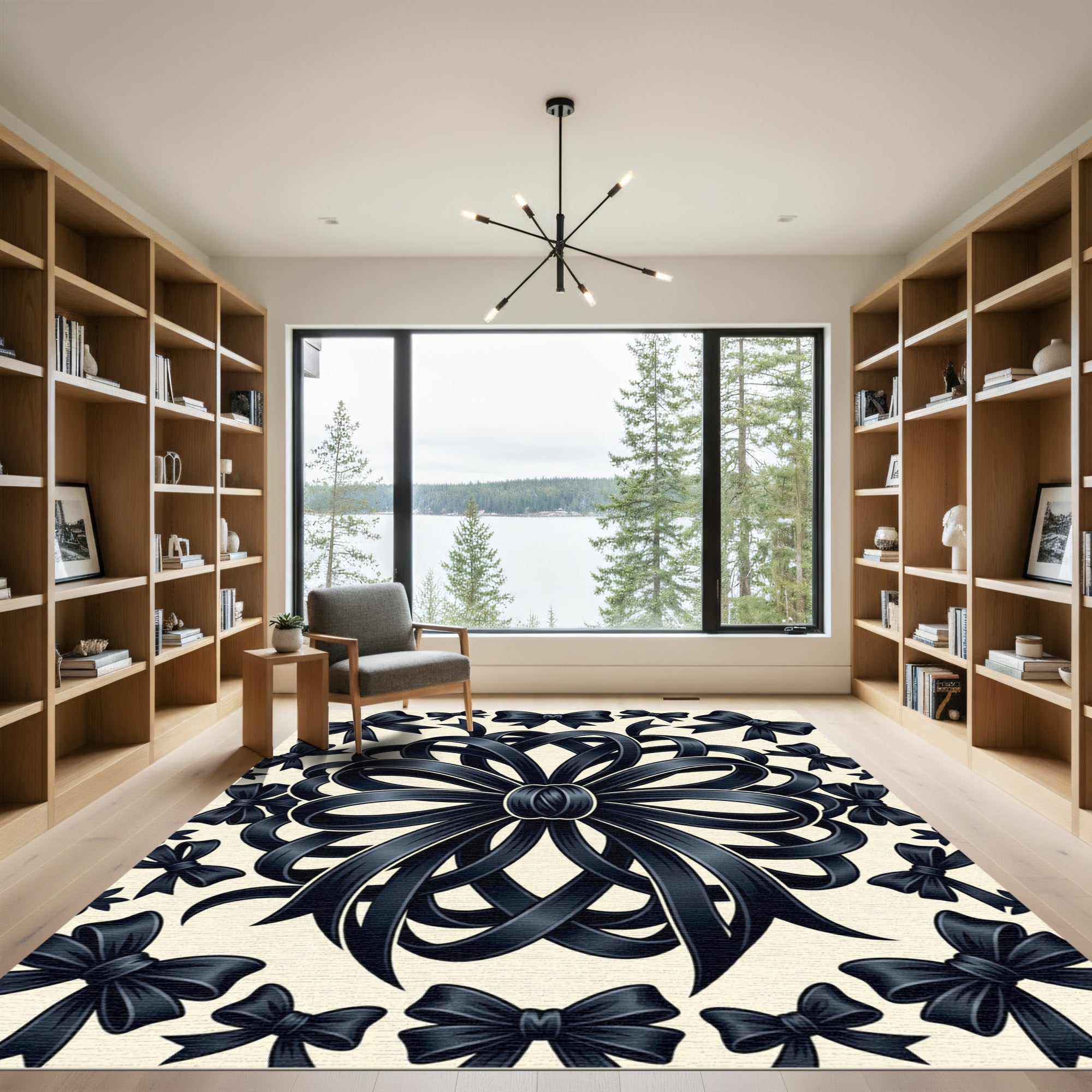 Elegant Black Bow Ribbon Medallion Rug