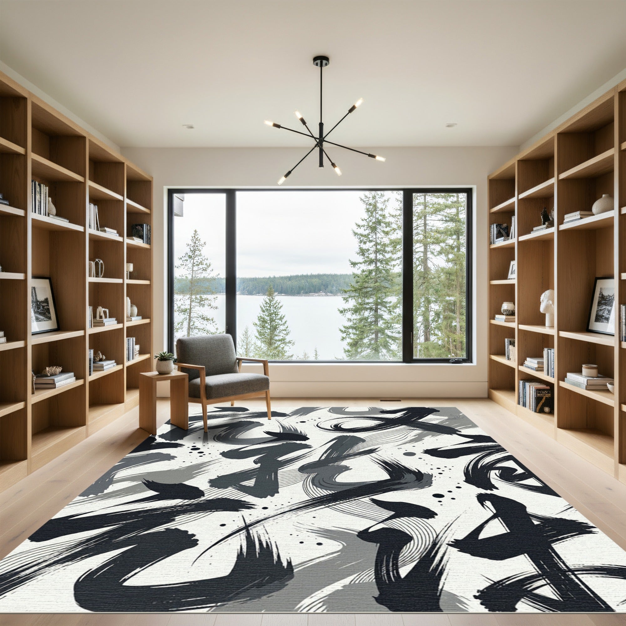 Monochromatic Calligraphy Brush Strokes Rug