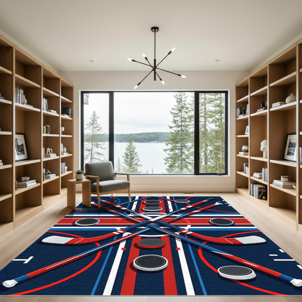 Geometric Hockey Stick and Puck Art Rug