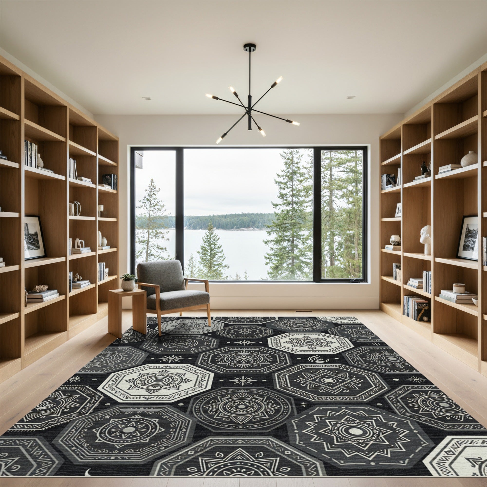 Monochromatic Geometric Mandala Octagon Art Rug