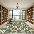 Earthy Green Botanical Checkerboard Rug