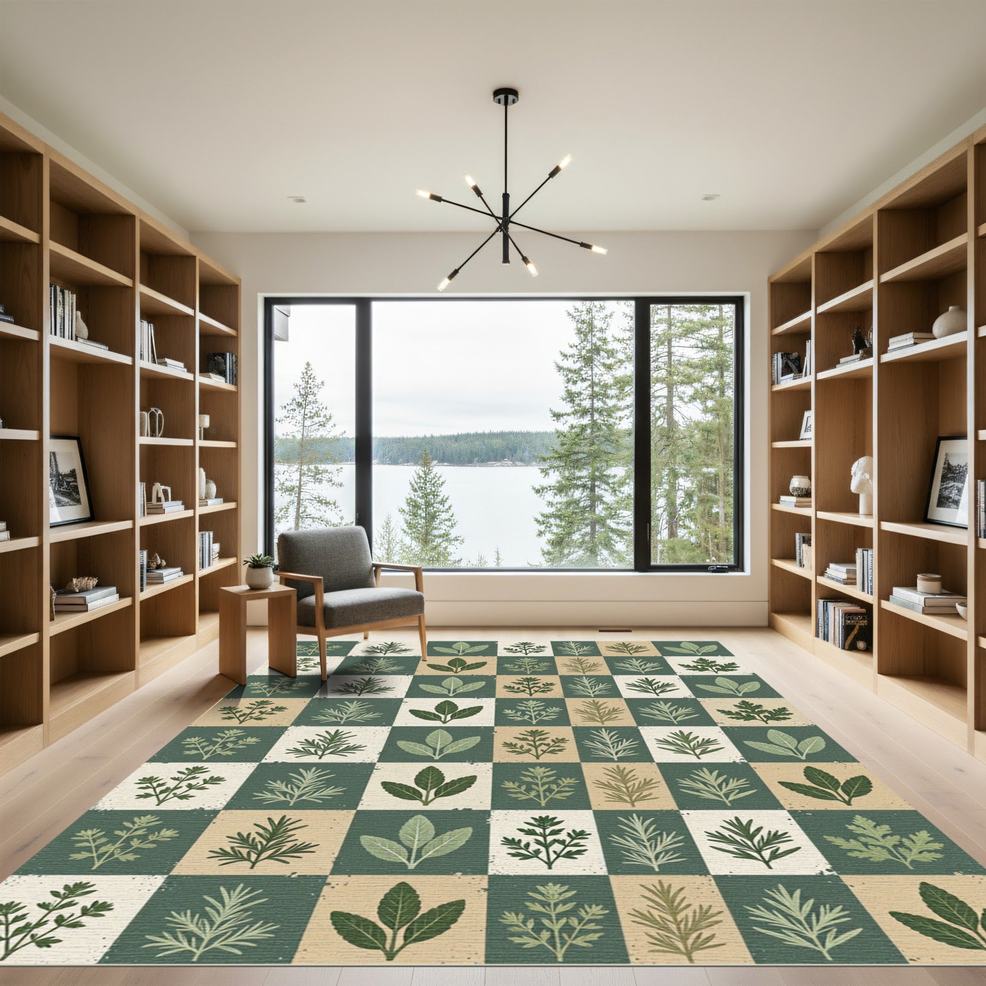 Earthy Green Botanical Checkerboard Rug