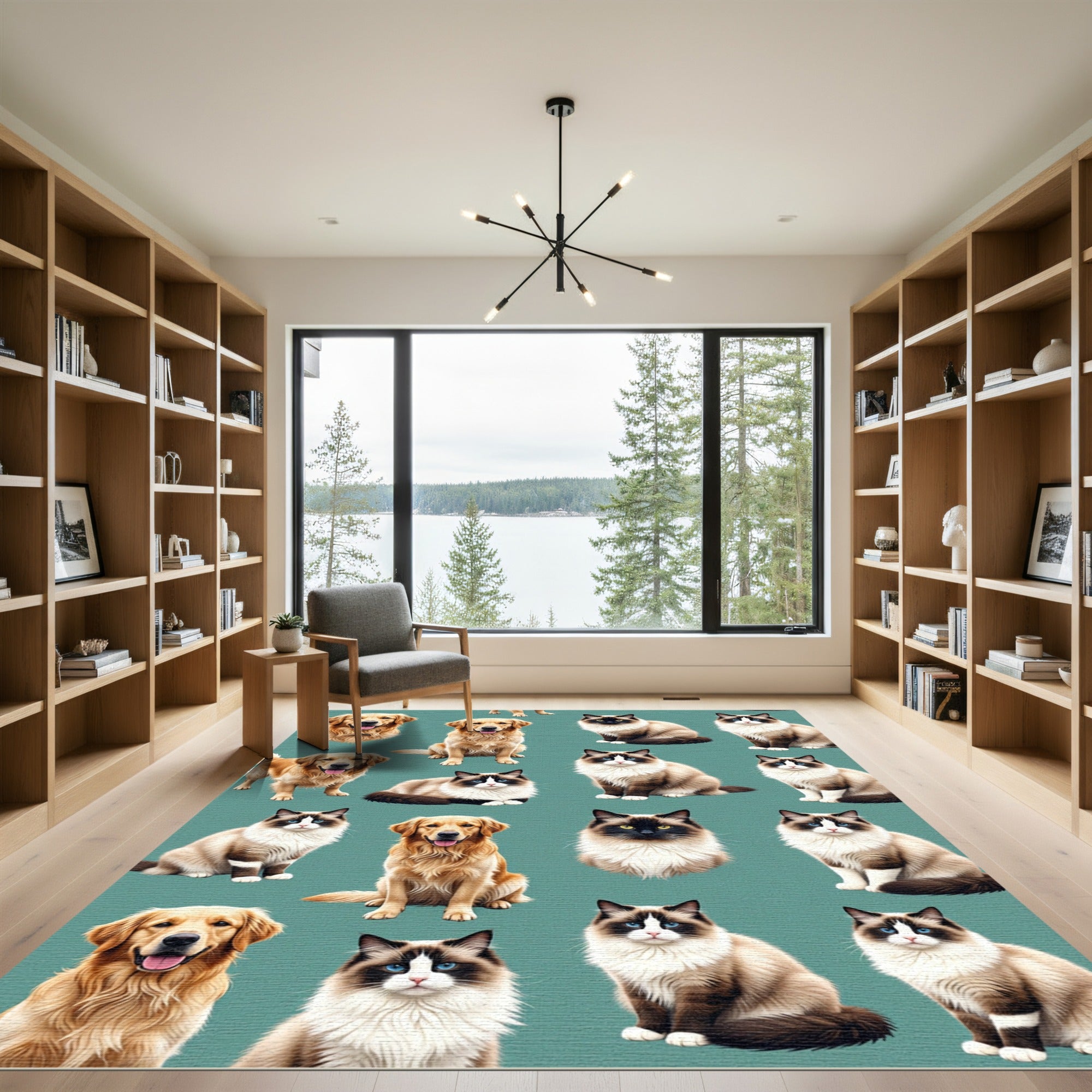 Playful Golden Retriever and Cat Illustration Rug