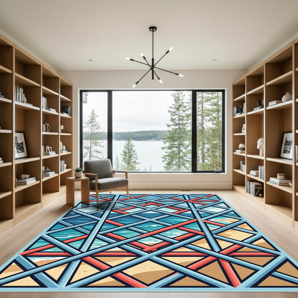 Blue and Coral Geometric Lattice Rug