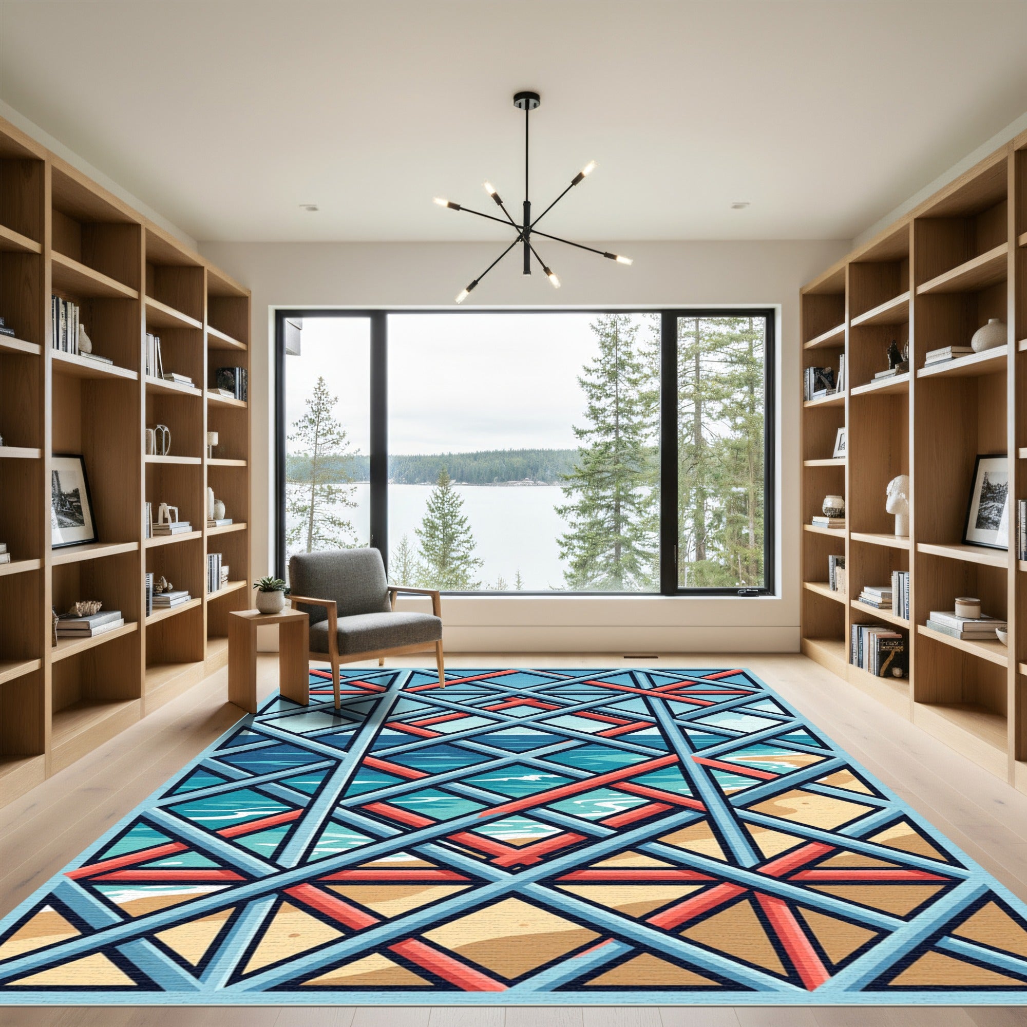 Blue and Coral Geometric Lattice Rug