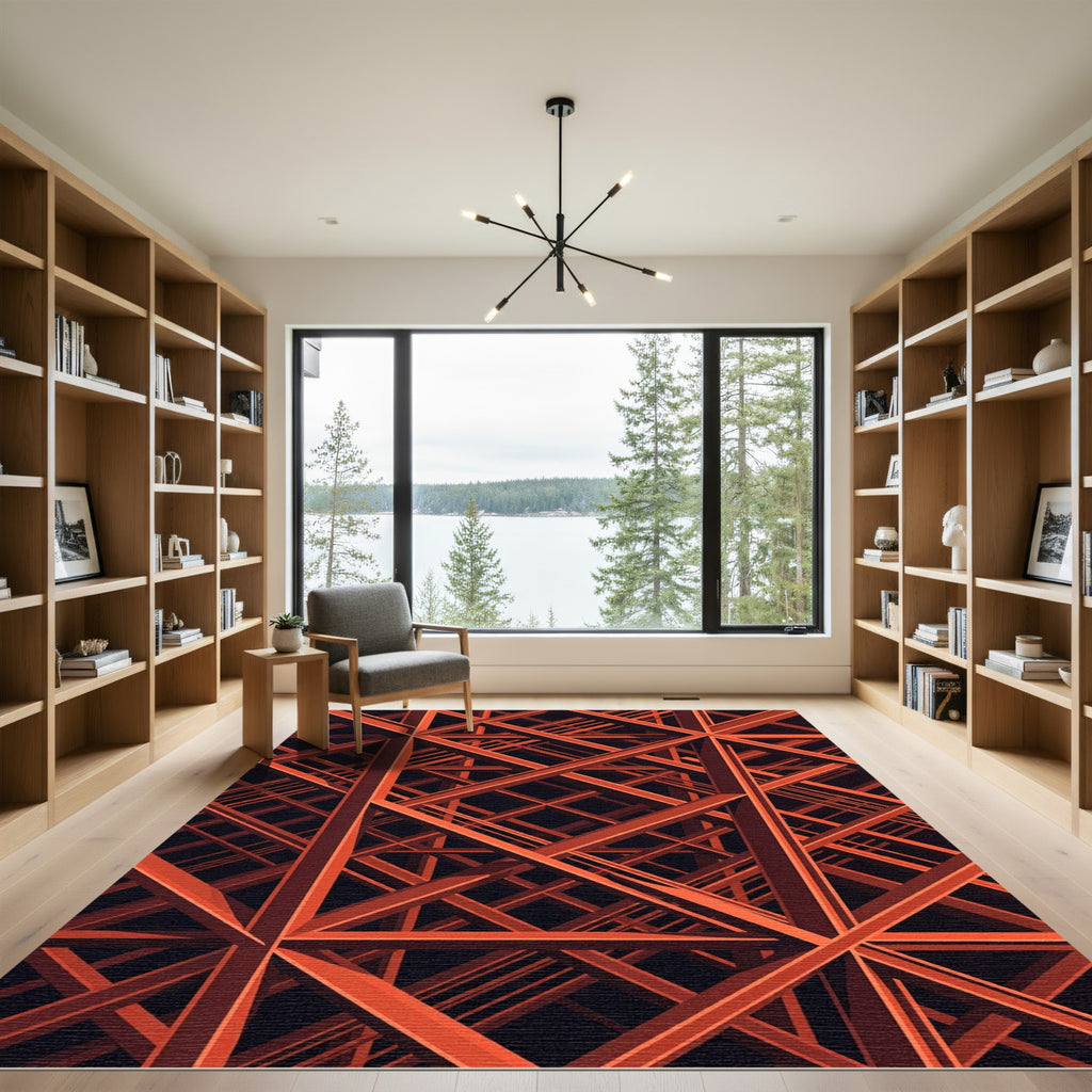 Geometric Orange Industrial Steel Grid Rug