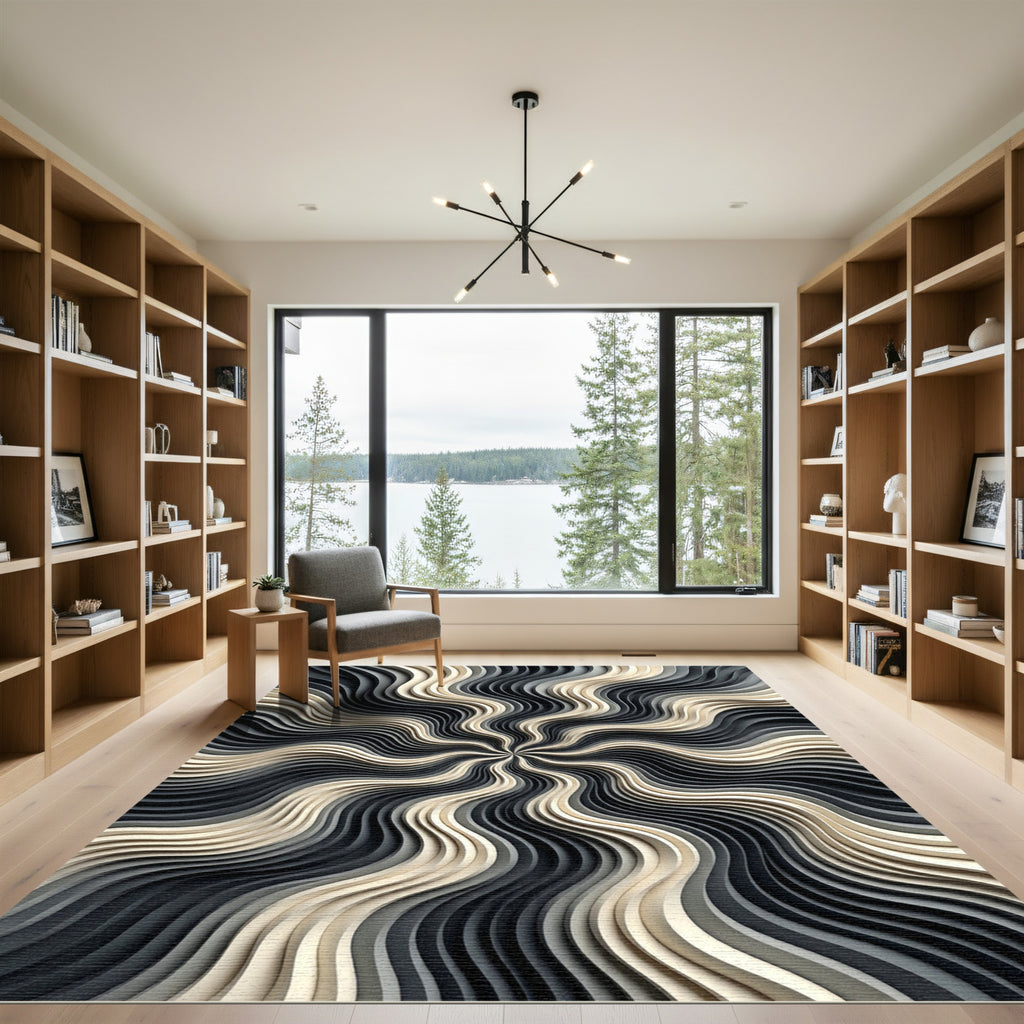 Modern Monochrome Swirl Wave Rug