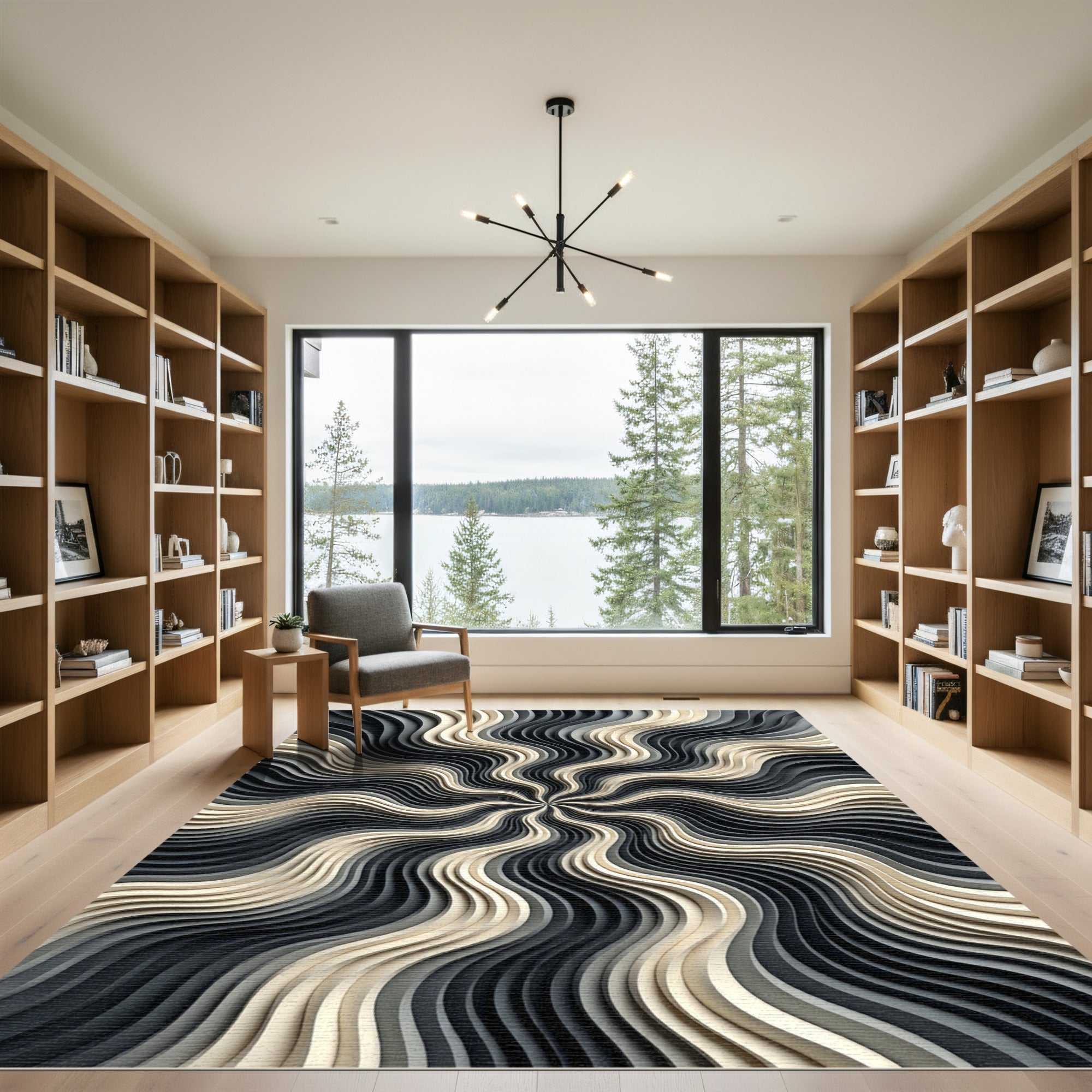 Modern Monochrome Swirl Wave Rug