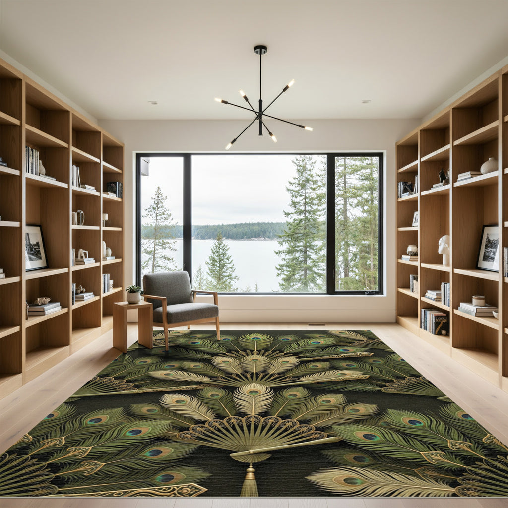 Golden Green Feathered Fan Assemblage Rug