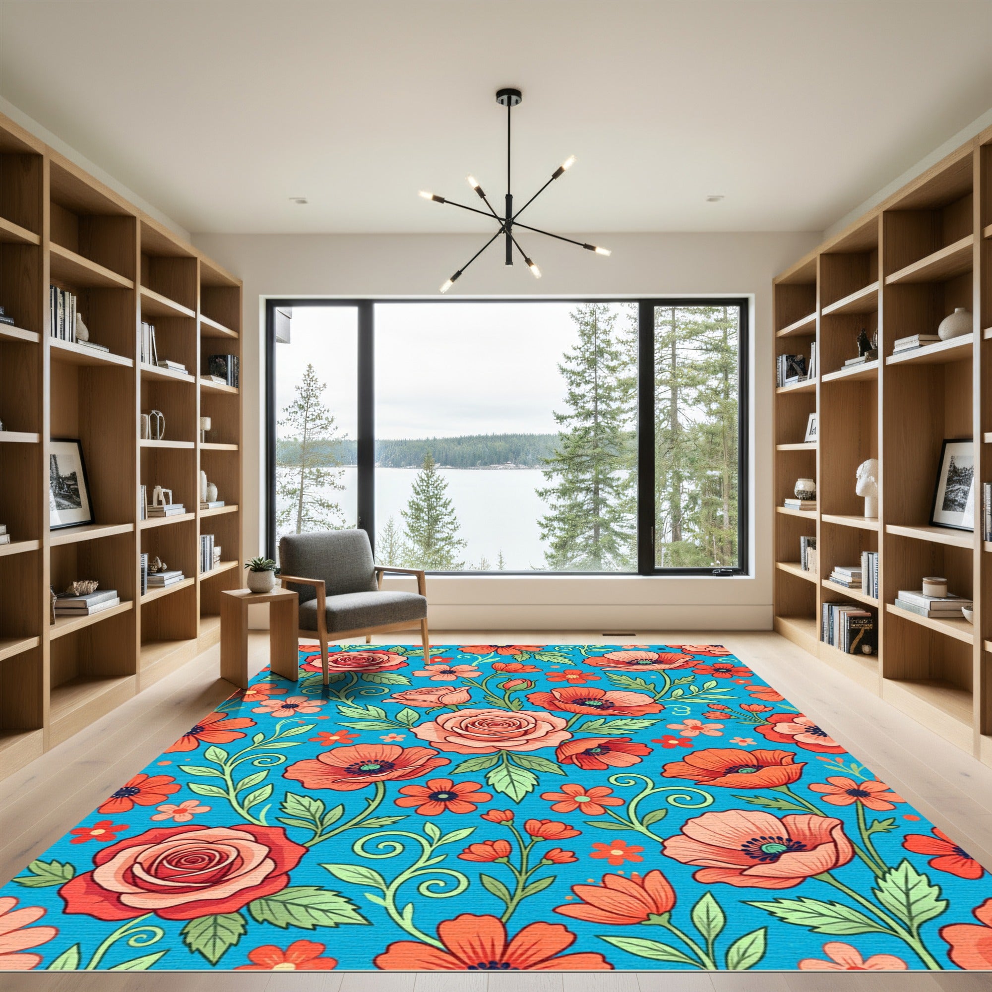 Orange Rose Poppy Floral Meadow Rug