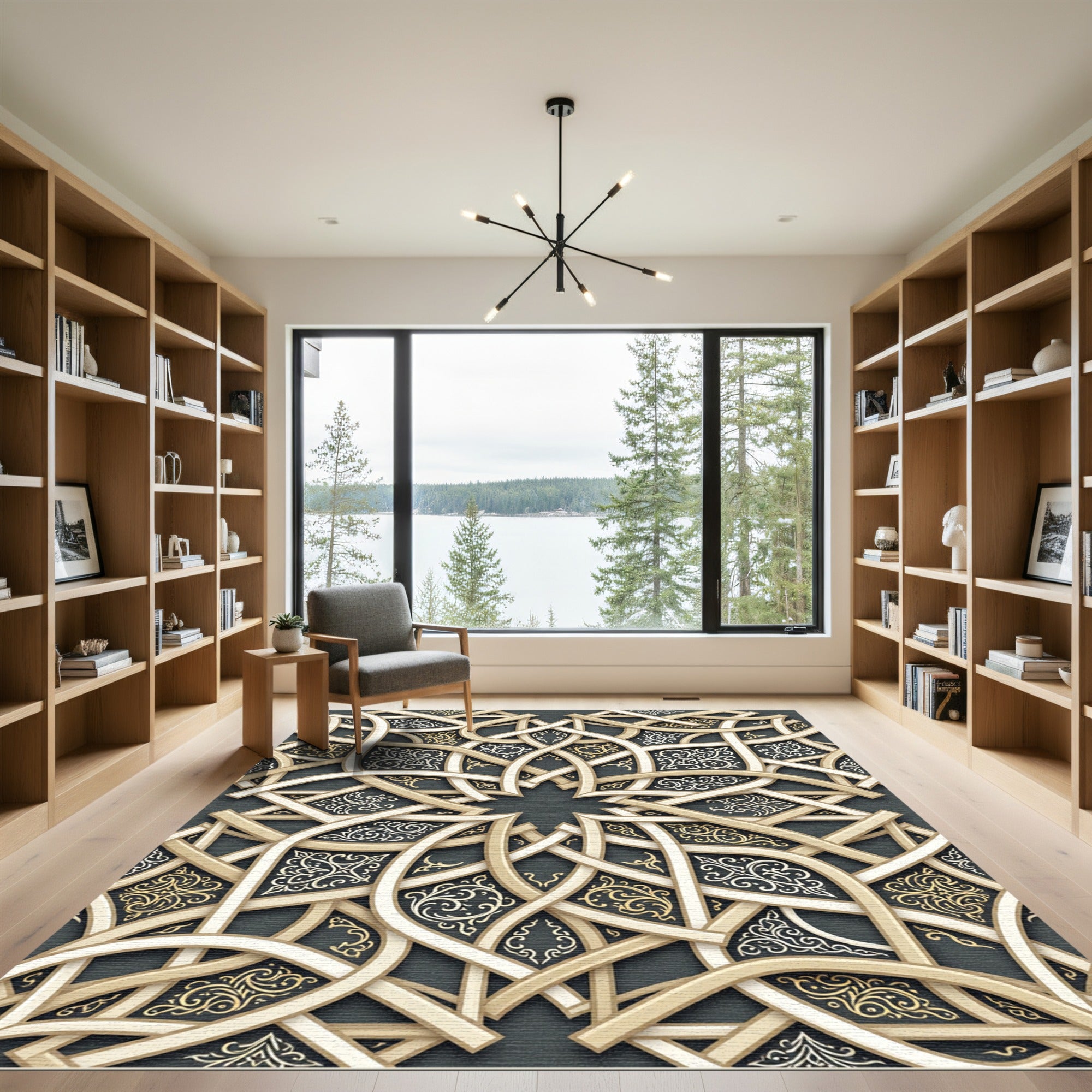 Gold Cream Interlaced Geometric Arabesque Rug