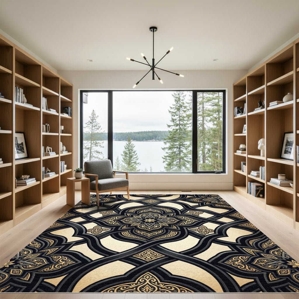 Ornate Black and Gold Interlocking Scroll Rug