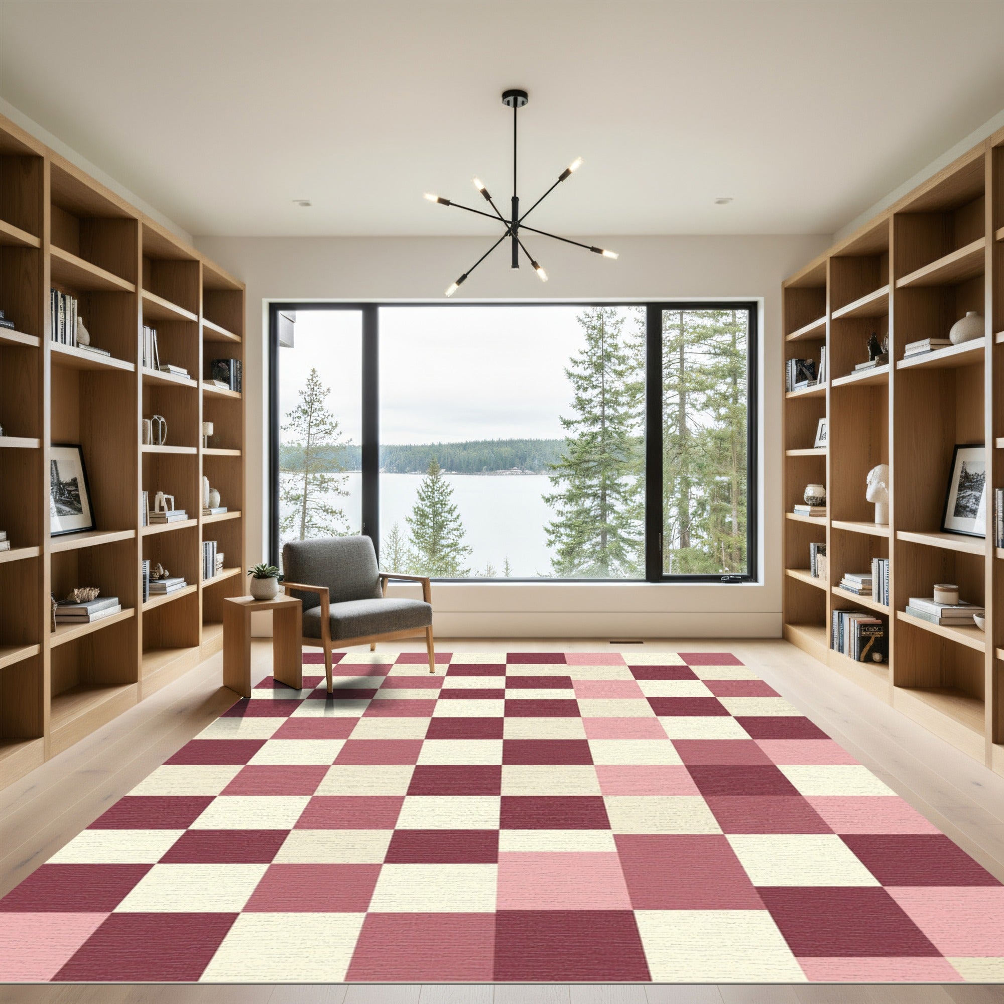 Modern Pink and Burgundy Checkered Grid Rug