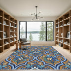 Ornate Blue Golden Floral Trellis Rug