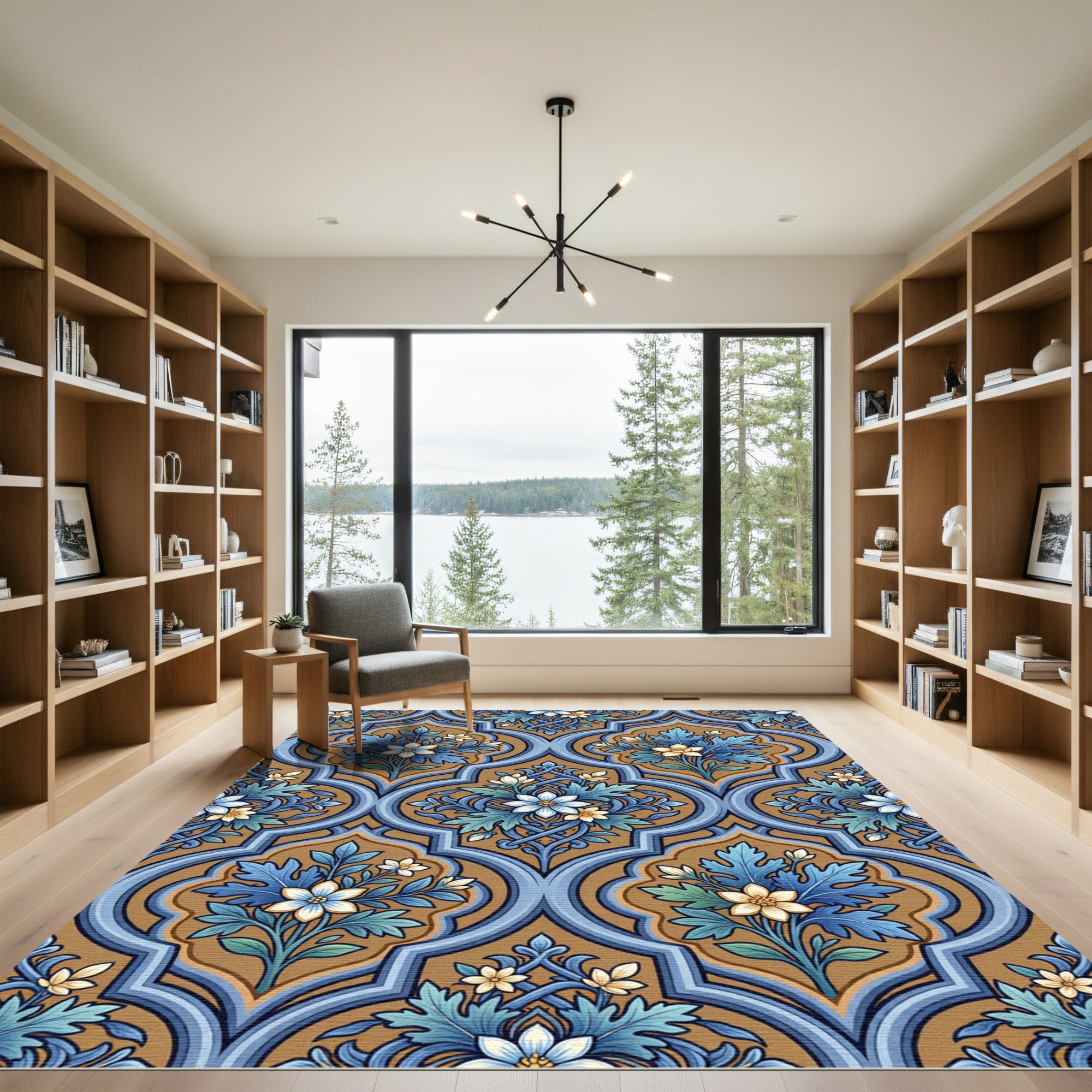 Ornate Blue Golden Floral Trellis Rug