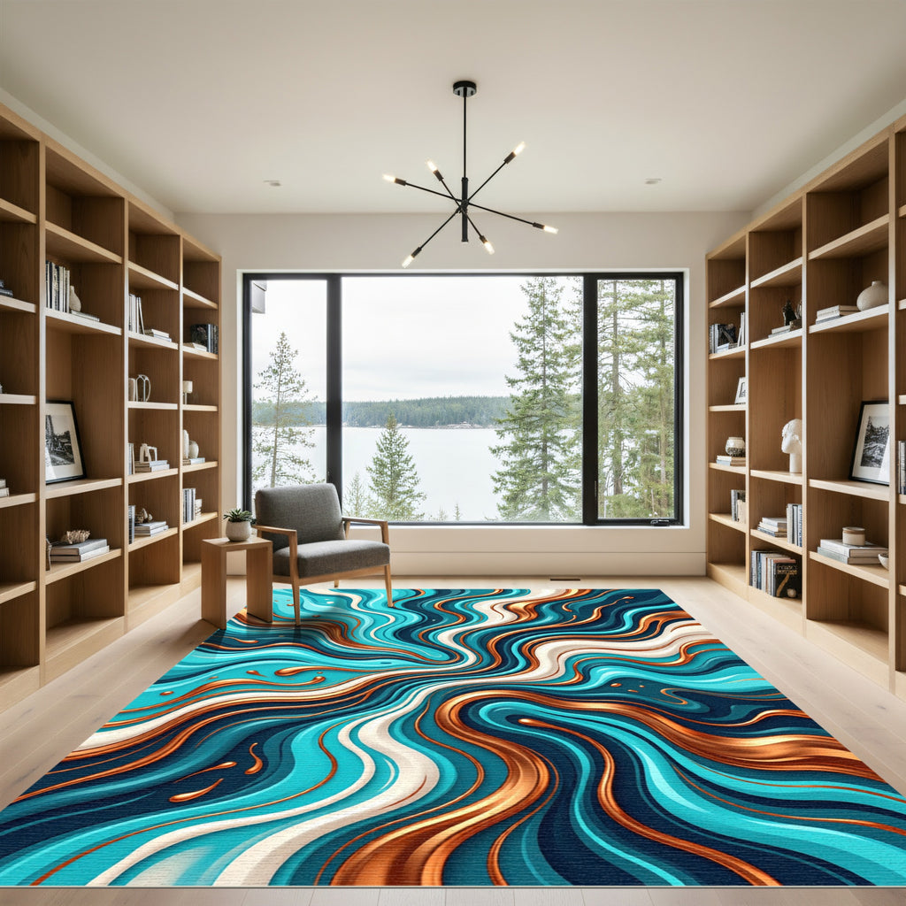 Oceanic Gold Swirling Liquid Abstract Rug