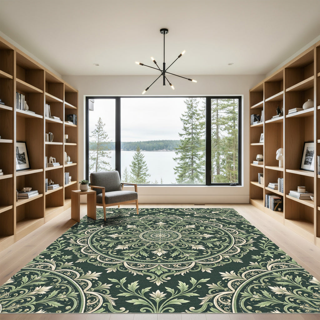 Intricate Sage Green Floral Medallion Rug