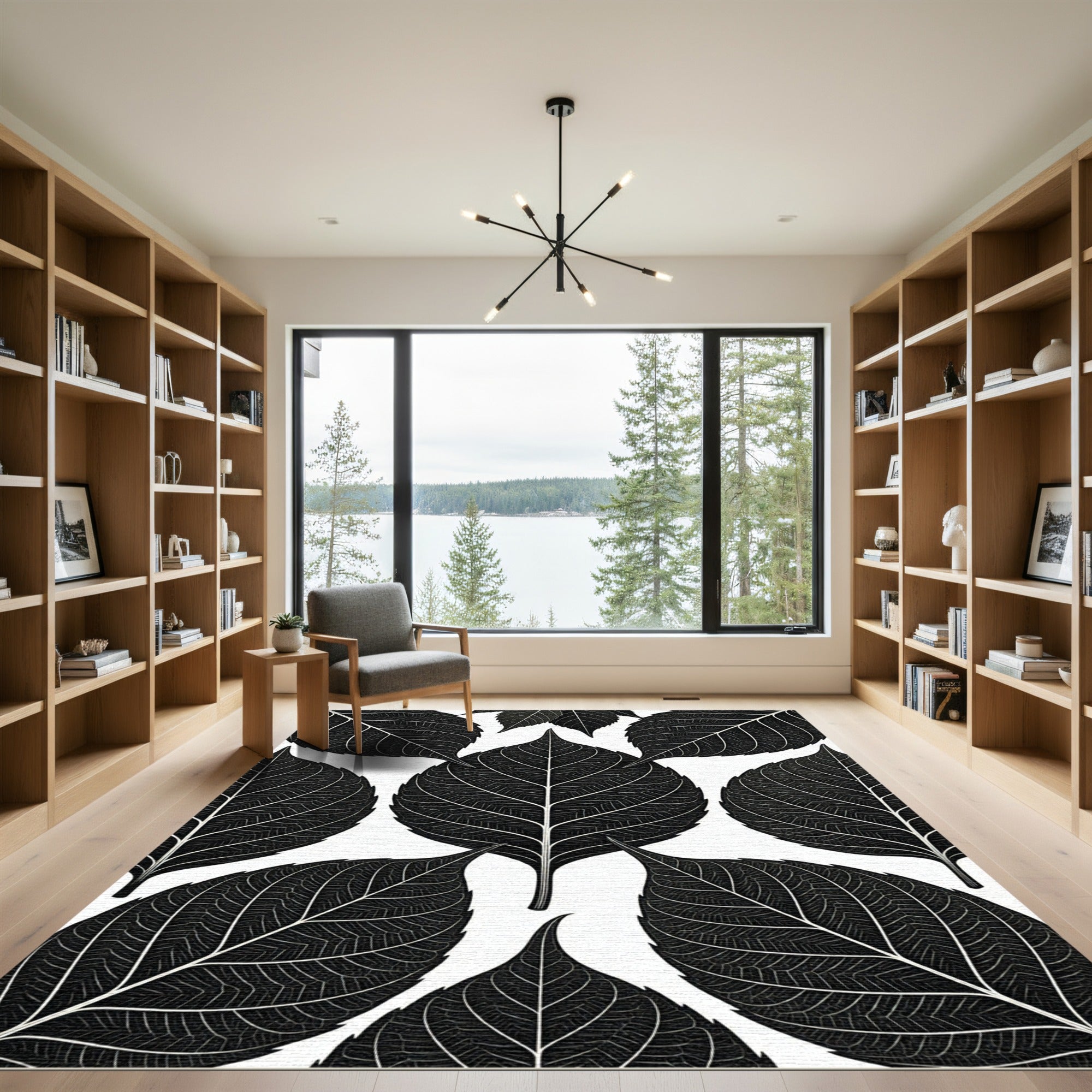 Botanical Monochrome Leaf Silhouette Rug