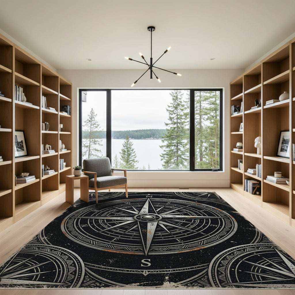 Celestial Compass Dark Metallic Nautical Emblem Rug
