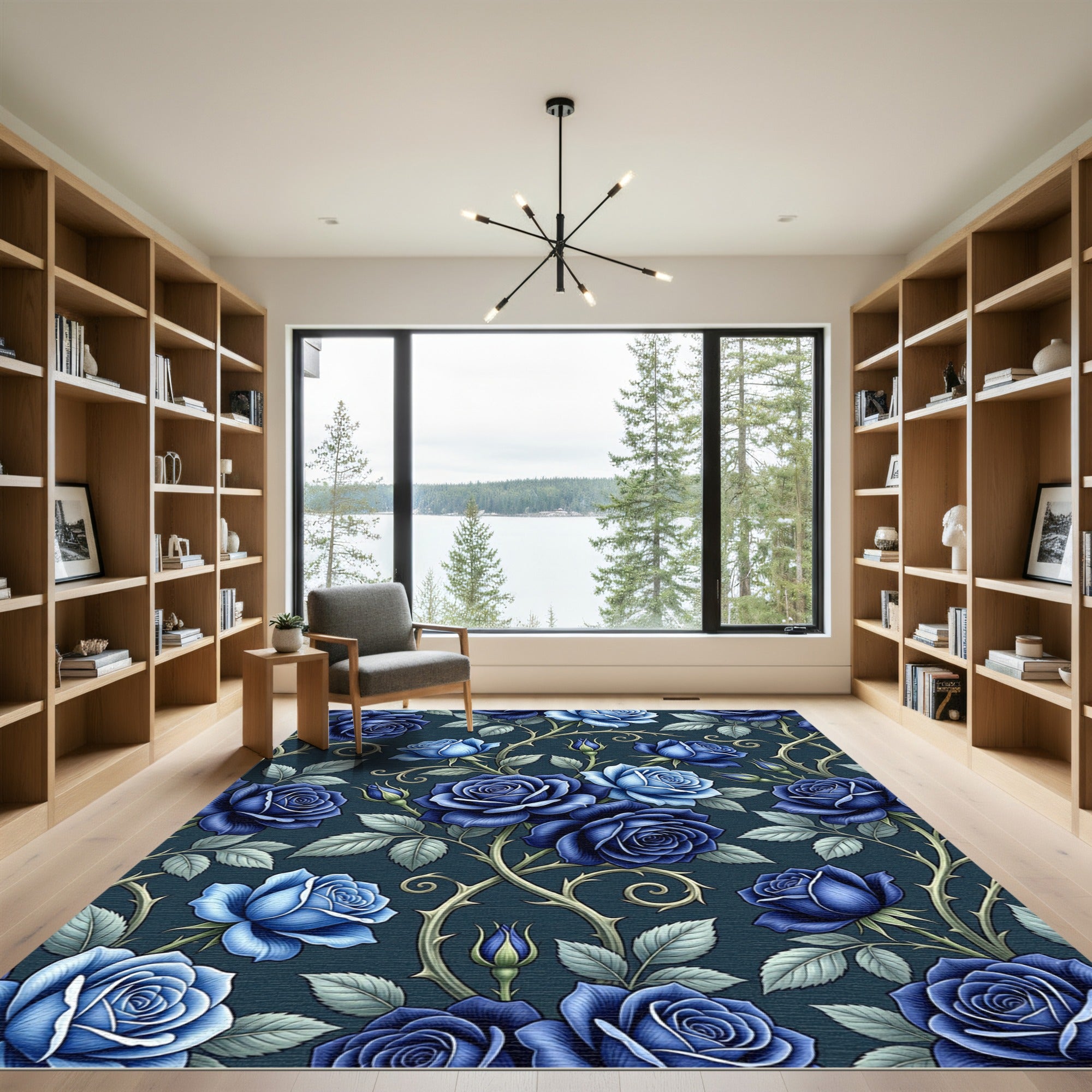 Elegant Dark Blue Rose Botanical Rug
