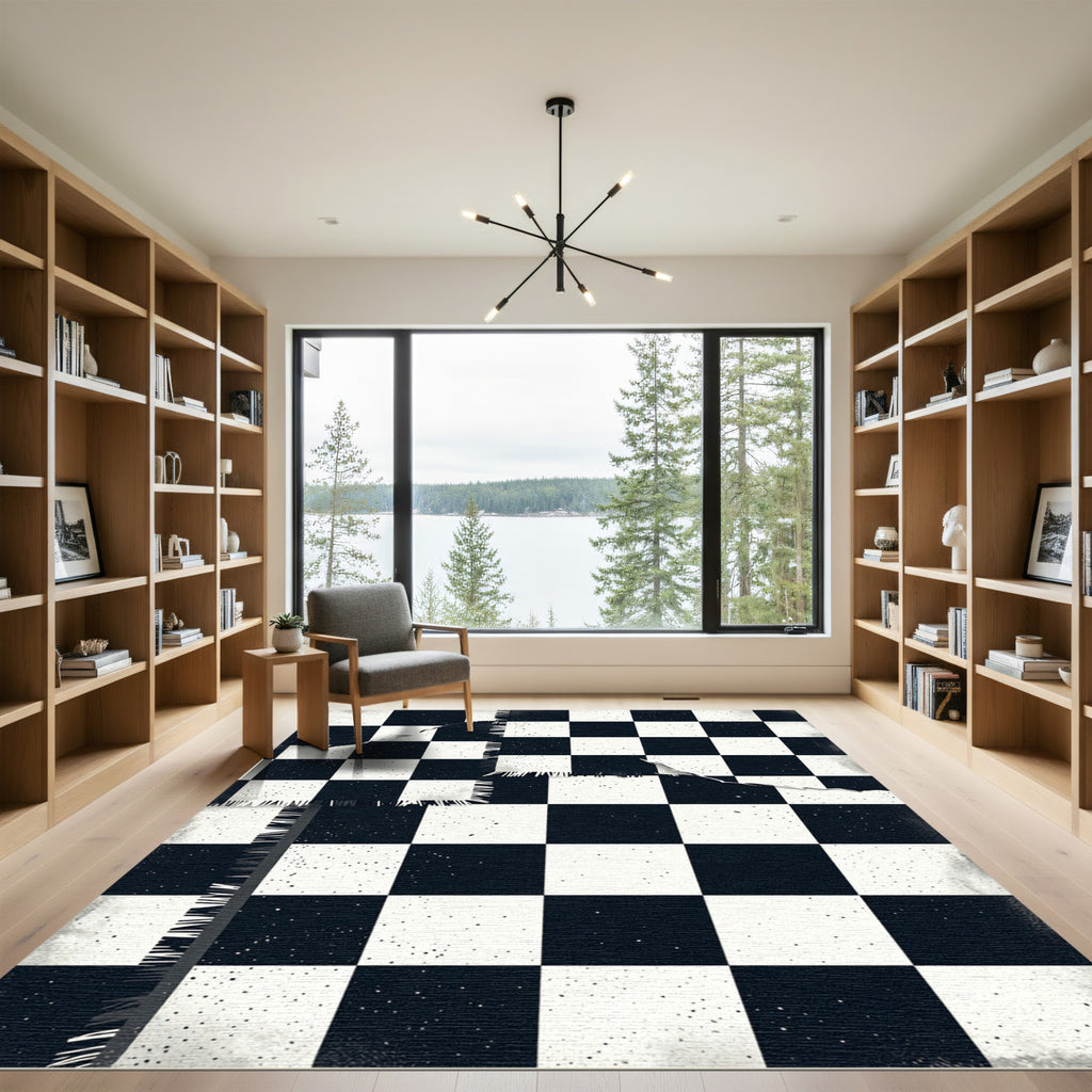 Distressed Black White Checkered Board Rug