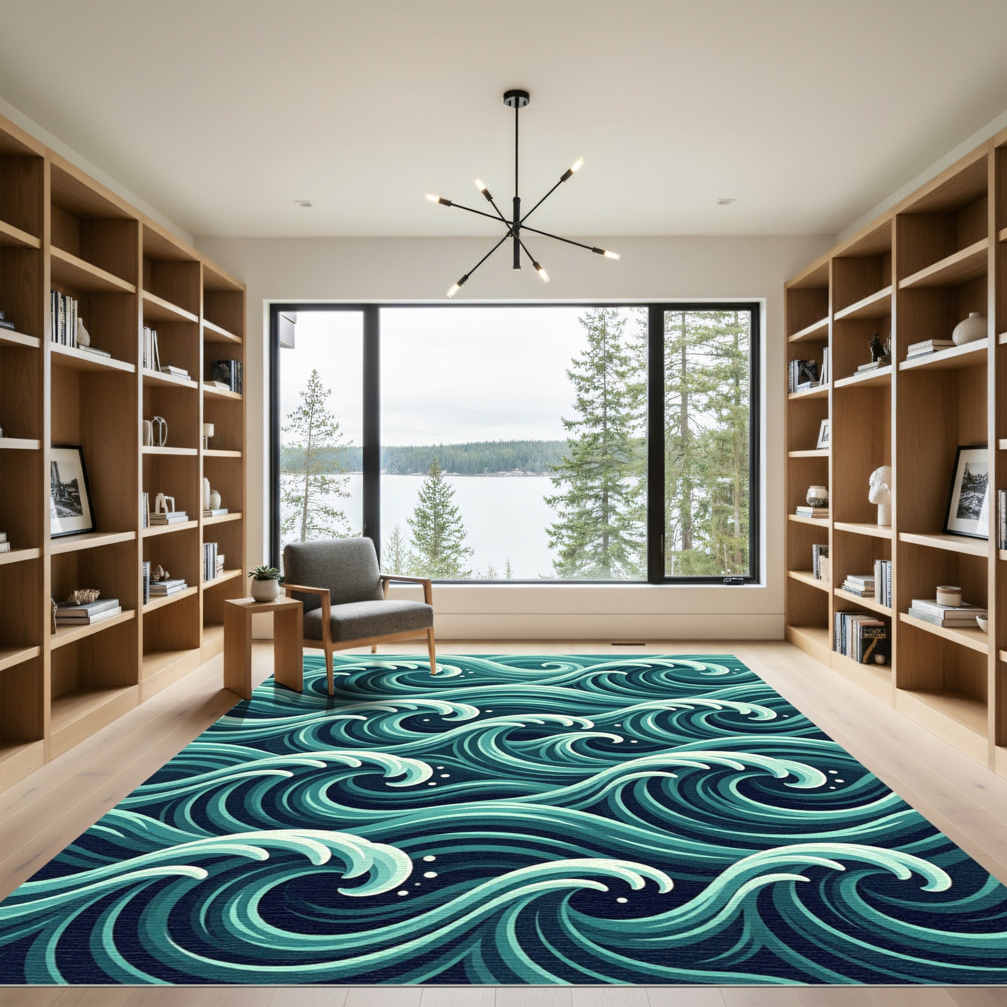 Abstract Teal Oceanic Wave Flow Rug