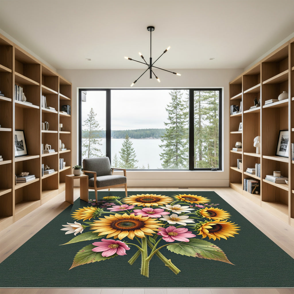 Vibrant Golden Sunflower Floral Bouquet Rug