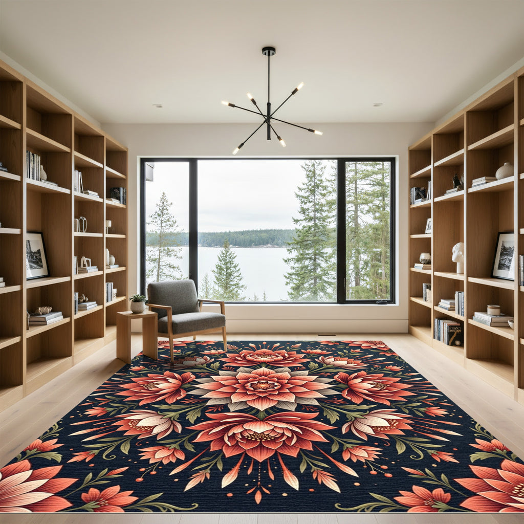 Symmetrical Coral Lotus Mandala Art Rug