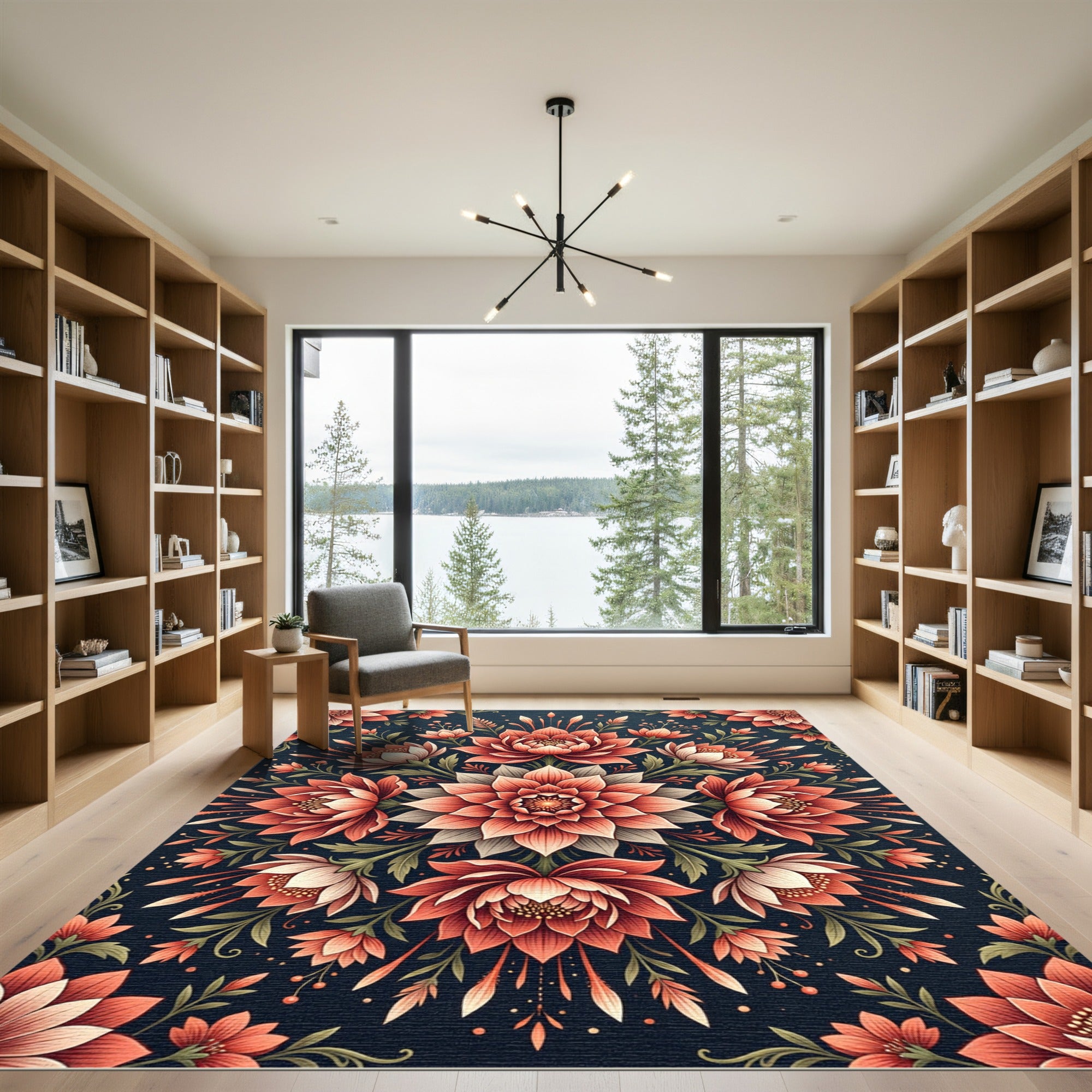 Symmetrical Coral Lotus Mandala Art Rug