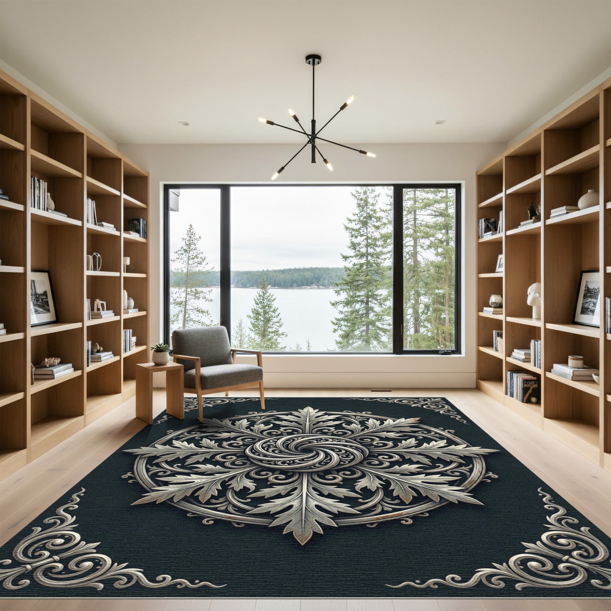Elegant Silver Acanthus Swirl Medallion Rug