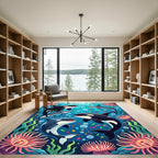 Vibrant Underwater Orca and Swordfish Scene Rug