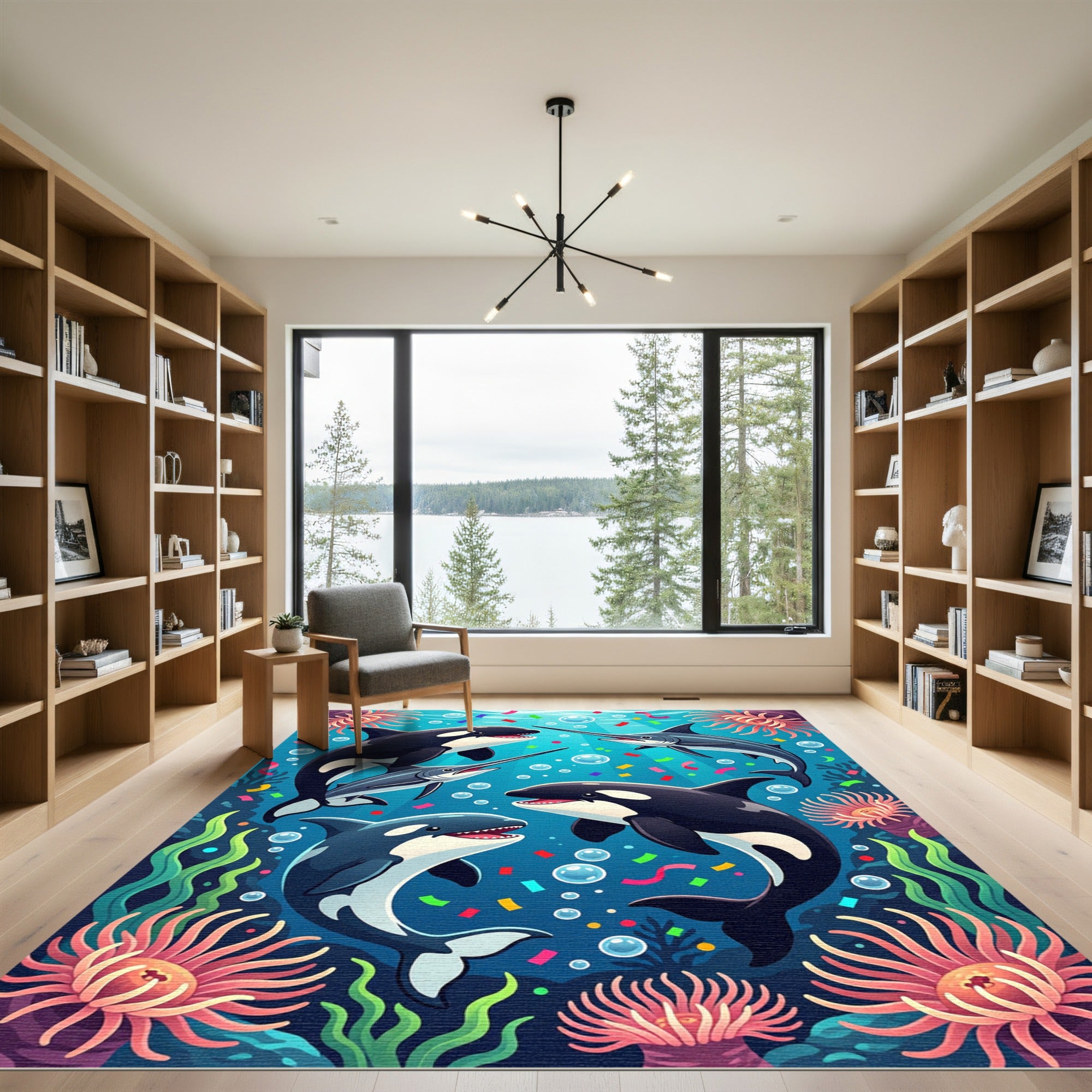 Vibrant Underwater Orca and Swordfish Scene Rug