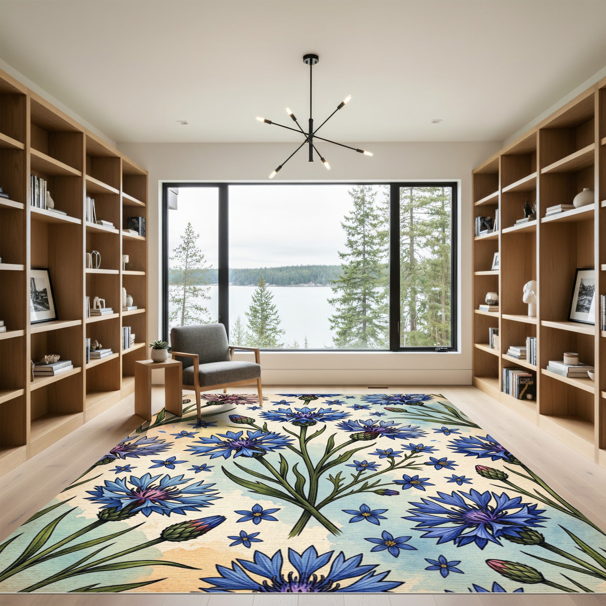 Blue Cornflower Garden Watercolor Background Rug
