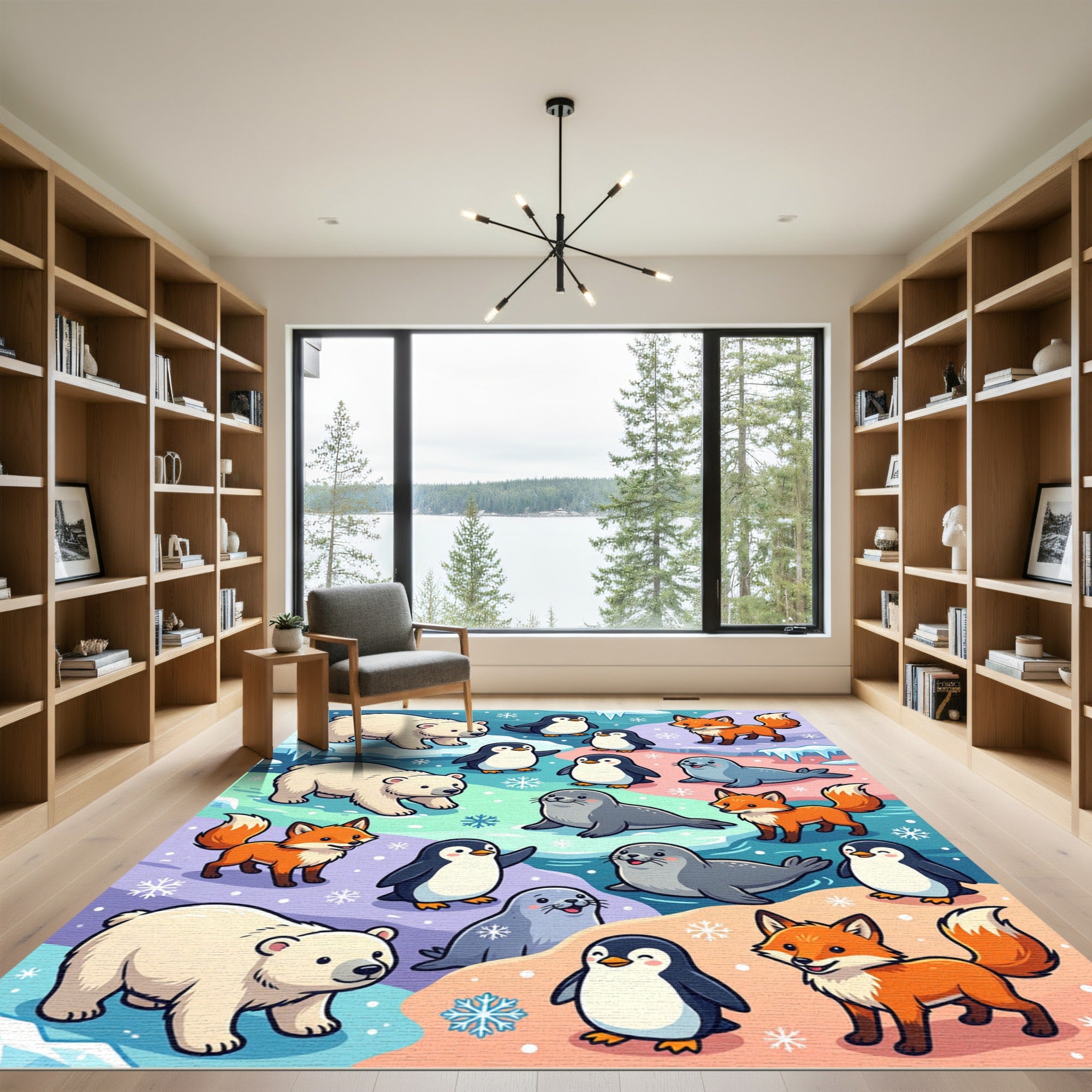 Playful Arctic Animals Pastel Winter Scene Rug