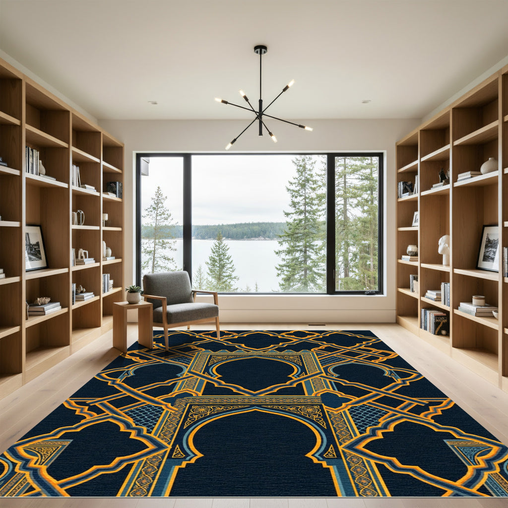 Midnight Navy Gold Arabesque Geometric Arch Rug