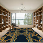 Midnight Navy Gold Arabesque Geometric Arch Rug