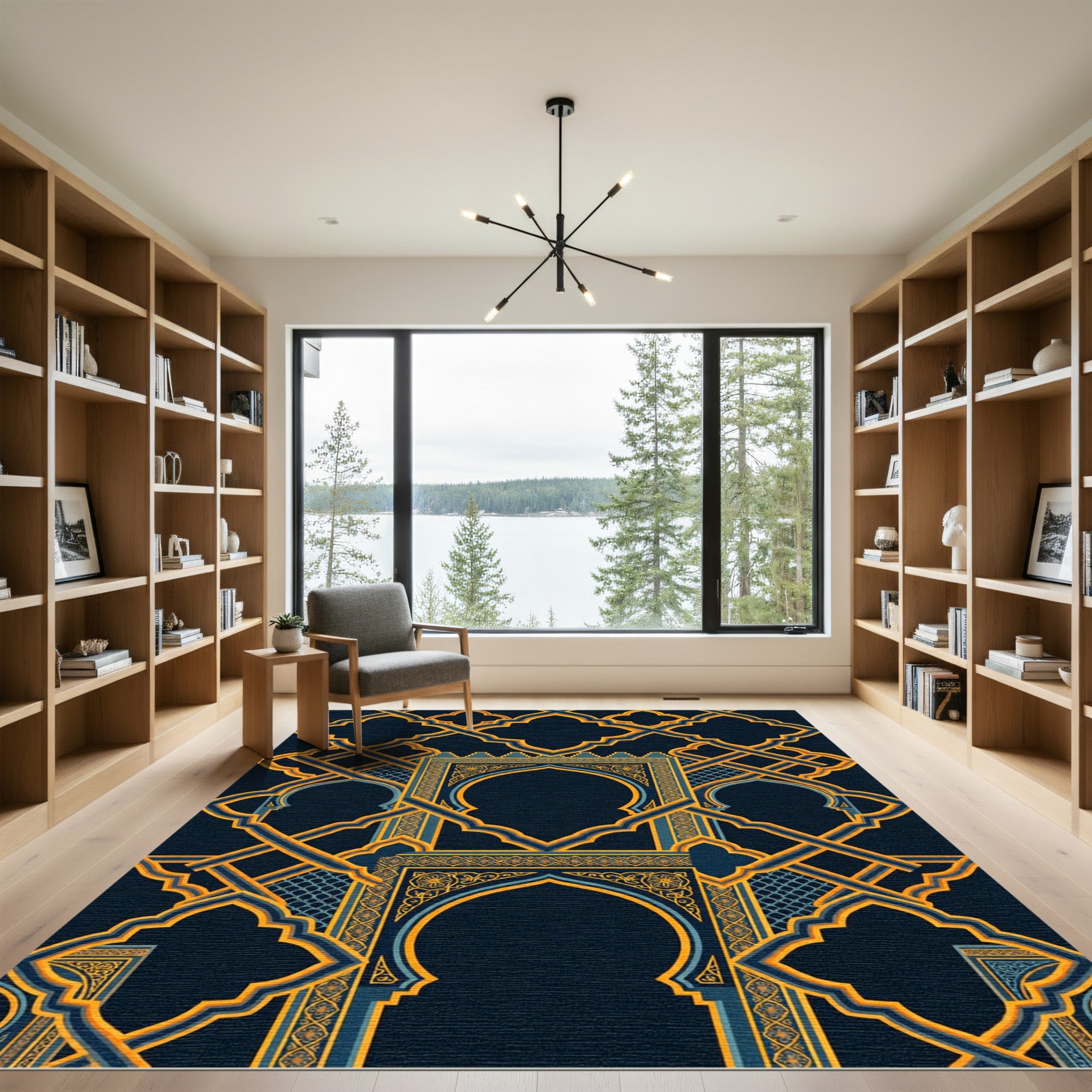 Midnight Navy Gold Arabesque Geometric Arch Rug
