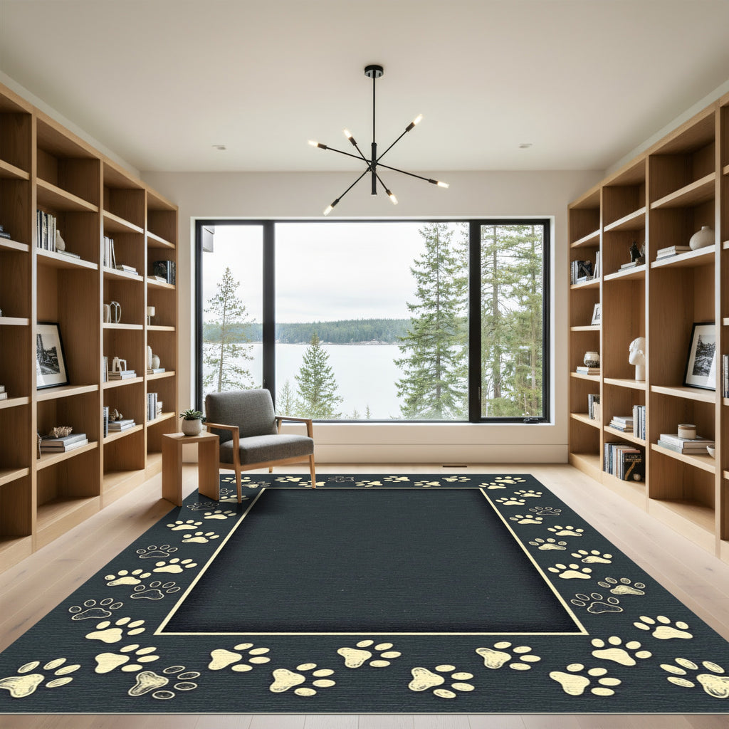 Minimalist Charcoal Animal Paw Border Rug