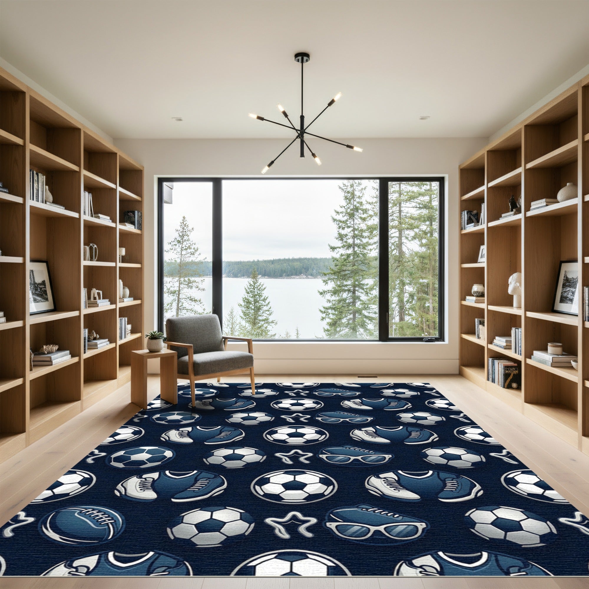 Navy Blue Soccer Sports Icon Rug