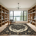 Vintage Ivory Black Ornate Paisley Medallion Rug